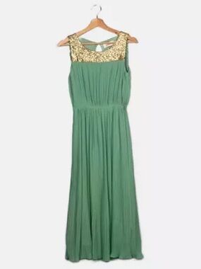 Louche sage dress with gold sequins and pleating